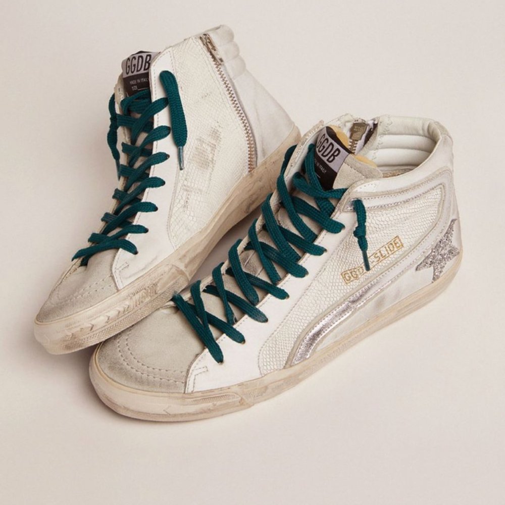 Golden Goose High Top Slide Snake-print Leather Silver Glitter Star Sneakers